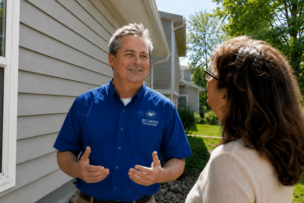 A 1st Choice Pest Solutions technician in a blue uniform shirt talking with a homeowner beside her house.
